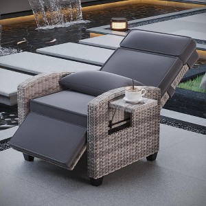 Garvee Outdoor Recliner Chair, Rattan Lounge Chair with Adjustable Backrest & Footrest, 150° Lay Flat, Flip-Up Table, Removable Cushion - 1 of 4