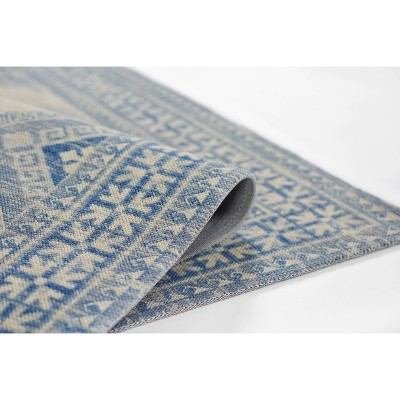 Ivory and Blue Medallion Wool Blend Runner Rug