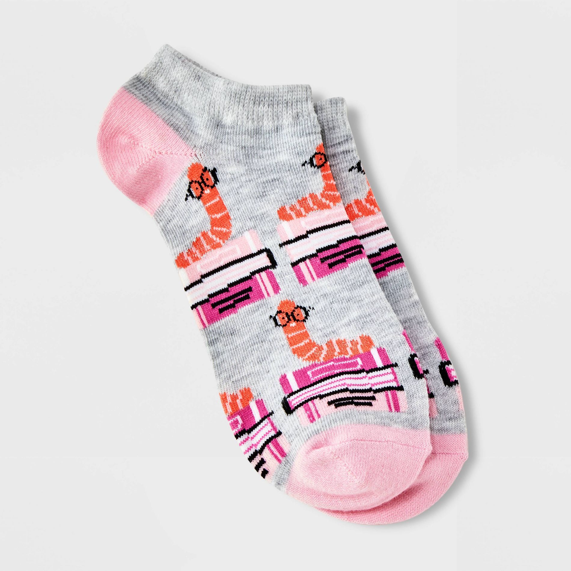 Women's Bookworm Low Cut Socks - Gray/Pink 4-10: Fun Animal Icon, Lightweight, Banded Cuff