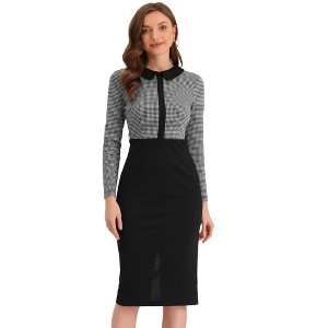 Allegra K Women's Work Elegant Contrast Placket Houndstooth Bodycon Dress with Belt - 1 of 4