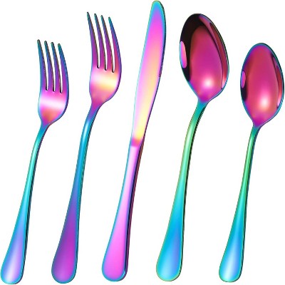 Attop 40-piece titanium-plated stainless steel colorful cutlery set for 8 people, including knives, forks and spoons, mirror polished