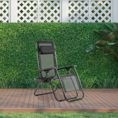 Black Steel Zero Gravity Reclining Outdoor Lounge Chairs with Cup Holder, Set of 2