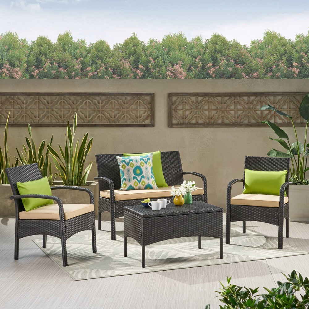 Photos - Garden Furniture Cordoba 4pc Wicker Patio Chat Set with Cushions - Brown - Christopher Knight Home: All-Weather, UV-Resistant