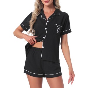 INSPIRE CHIC Women's 2 Pcs Heart Print Cute Short Sleeve Button Downs Shirt with Shorts Lounge Pajama Sets - 1 of 4