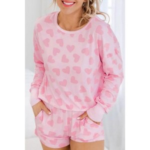 Pink Valentine Heart Shape Print Long Sleeve Top Shorts Lounge Set - 1 of 2