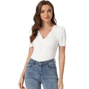 Allegra K Women's Sweetheart Neck Twist Knot Short Sleeve Ribbed Knit Crop Top - 1 of 4