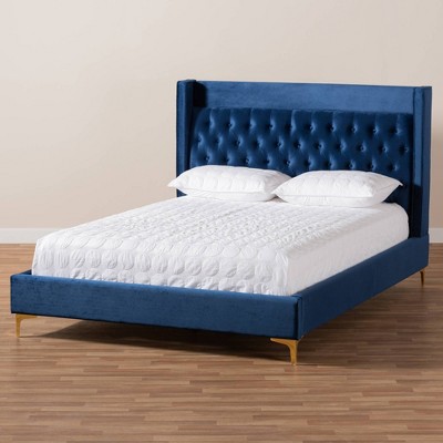 Valery Queen Blue Velvet Tufted Upholstered Platform Bed