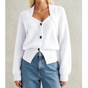 Women Cardigan V Neck Button Lantern Sleeve Drop Shoulder Front