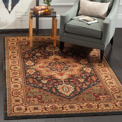 Navy and Natural Rectangular Synthetic Oriental Area Rug