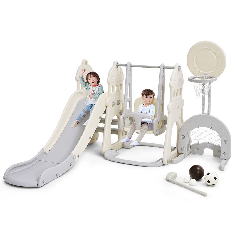 Costway 6 in 1 Toddler Slide and Swing Set Climber Playset w/ Ball Games White\Blue, 1 of 11