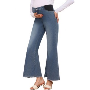 INSPIRE CHIC Womens Maternity Flare Jeans Mid-Rise Stretchy Bell Frayed Hem Casual Bootcut Denim Pregnancy Pants - 1 of 4