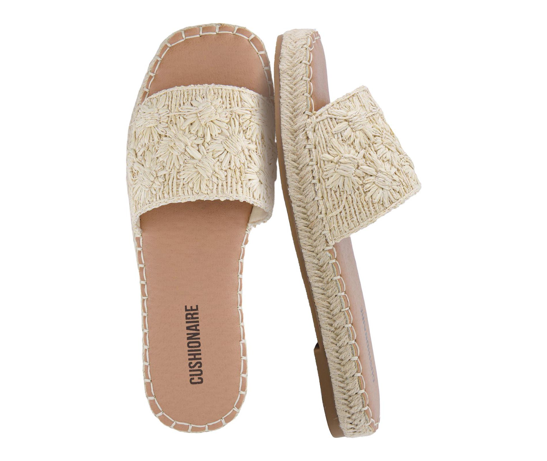 CUSHIONAIRE Bolero Sandals for Women, Woven Raffia Slide with Jute Sole, Floral Straw Detail and Memory Foam