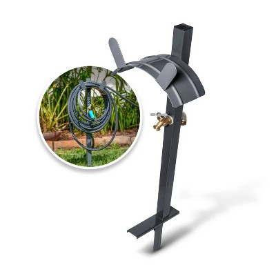 Sun Joe Steel Garden Hose Stand with Brass Faucet and Quick Install Anchor Base, Gray – Heavy Duty Metal Outdoor Gardening System