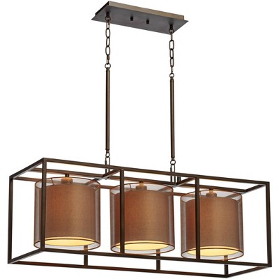 Possini Euro Design Oil Rubbed Bronze Rectangular Linear Island Pendant Chandelier 37" Wide 3-Light Modern Double Shade Kitchen