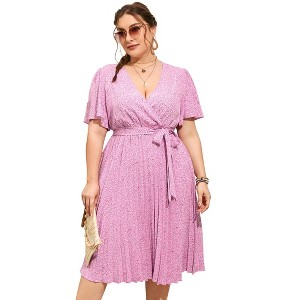 Plus Size Women's Pleated Midi Dress with Belt Flowy Casual Elegant Knee Length Dress for Work Summer - 1 of 4