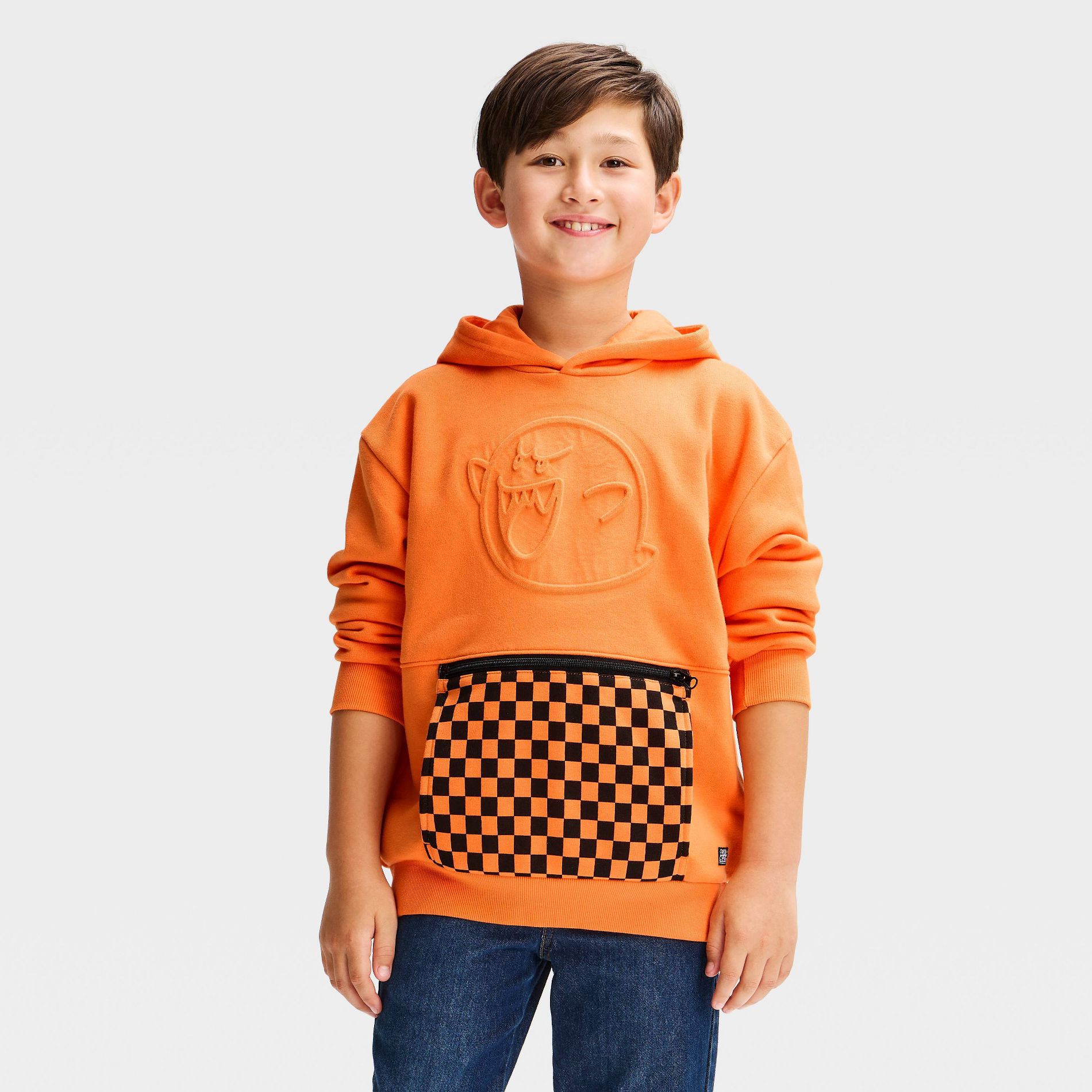 Boys' Super Mario Bros Boo Hooded Halloween Front and Back Graphic Sweatshirt - Orange
