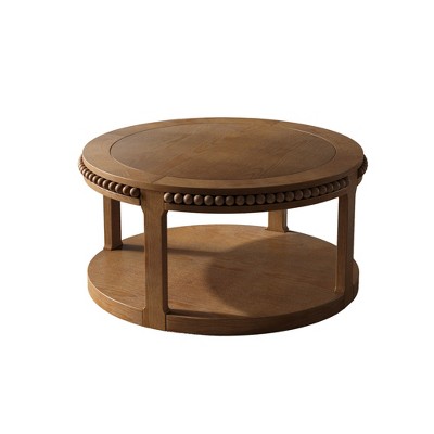 Lirago 32" Solid Wood Round Coffee Table Brown 2-Tier Rustic Wood Desktop with Open Shelving Storage Shelf Modern Design