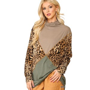 Slickblue Women's Mixed Animal Print Turtleneck Top, Knit Long Sleeve Shirt, Versatile Style, Brown, S - 1 of 4