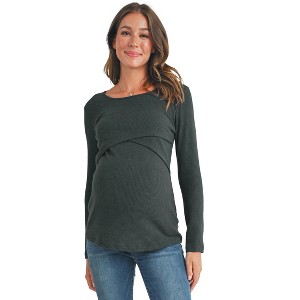 Hello Miz Women's Ribbed Long Sleeve Round Neck Maternity Nursing Top - 1 of 4