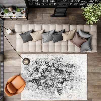 Ivory and Charcoal Abstract Synthetic Area Rug