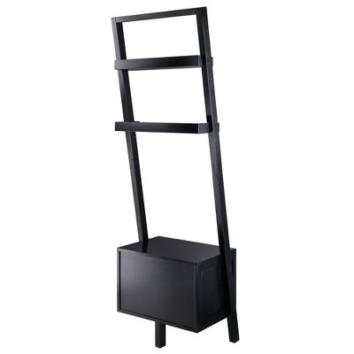 Bellamy Sleek Black Wood Leaning Ladder Bookcase with Storage