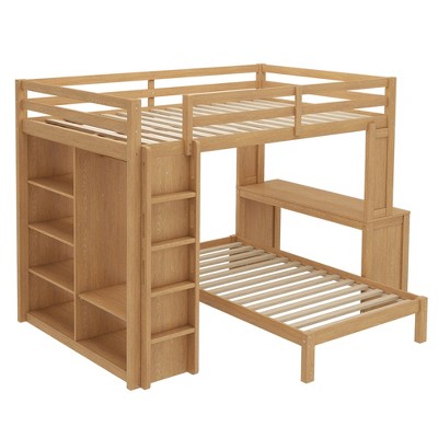 Wood bunk bed frame with integrated ladder and shelves
