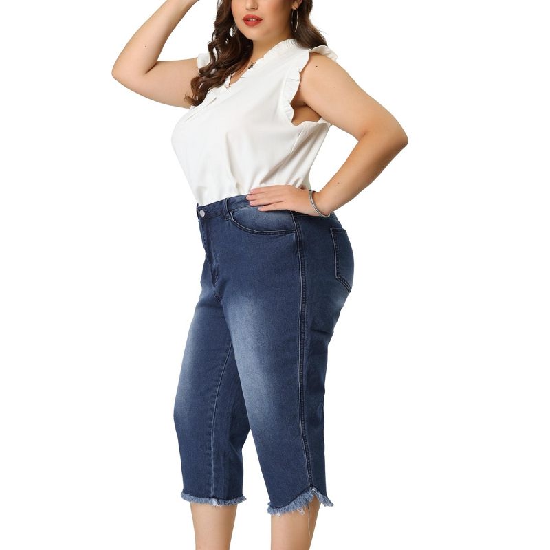 Agnes Orinda Women's Plus Size Fashion Denim Frayed Hem Washed Jeans Capri, 2 of 7