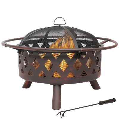 Sunnydaze Outdoor Camping or Backyard Crossweave Cut Out Fire Pit with Spark Screen, Log Poker, and Metal Wood Grate - 30" - Bronze