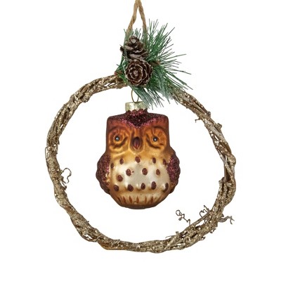 Northlight 5.25" Brown Glass Owl in a Twig Wreath Christmas Ornament