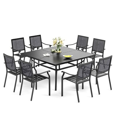 Captiva Designs 9pc Spacious Slat-top Square Metal Table & Steel Stackable Chairs with Bull's Eye Pattern