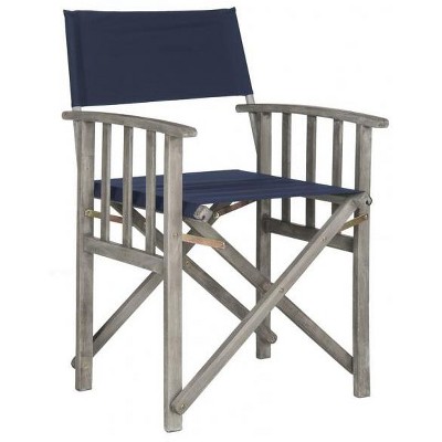 Grey Wash Acacia Wood and Navy Fabric Director Chairs, Set of 2