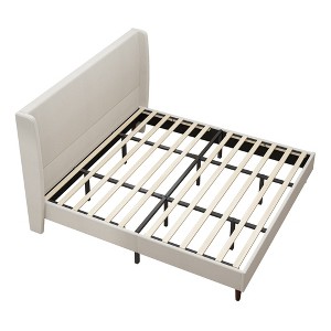 GDFStudio Lindsay Beige Upholstered Wood Bed Frame with Wingback and Solid Wood Legs - 1 of 4