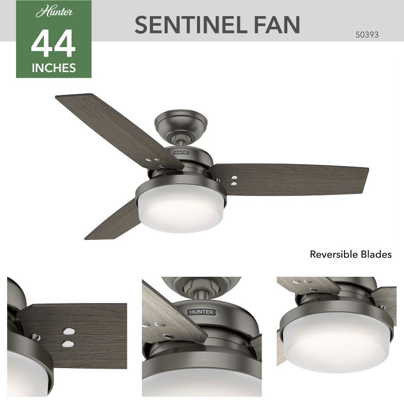 44" Sentinel Ceiling Fan with Light Kit and Handheld Remote (Includes LED Light Bulb) - Hunter Fan, 2 of 13