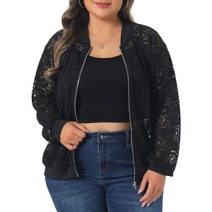 Women's Plus Size Sheer Floral Lace Zip Up Long Sleeve Casual Jackets - Agnes Orinda - 1 of 4