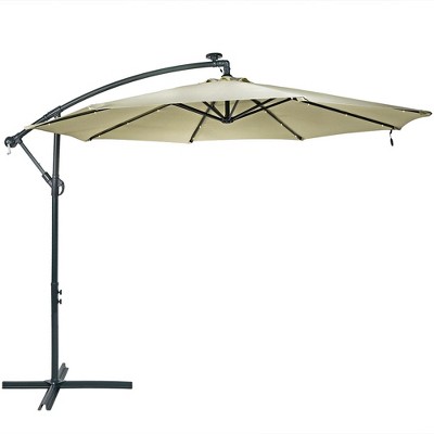 Sunnydaze Outdoor Steel Solar Light Offset Cantilever Patio Umbrella with Crank and Base - 10' - Beige