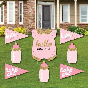 Big Dot of Happiness Hello Little One - Pink and Gold - Yard Sign & Outdoor Lawn Decorations - Girl Baby Shower Yard Signs - Set of 8 - 1 of 4