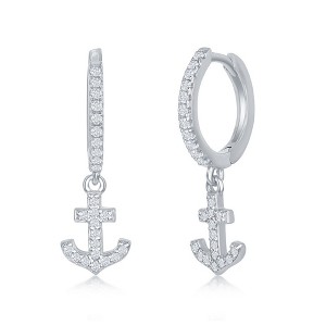 Bella Silver Sterling Silver Small Huggie Hoop CZ Anchor Earrings - Silver - 1 of 2