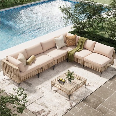 COWLOWN 7 - Piece Boho Outdoor Patio Furniture Set, Light Brown Rattan Sectional with Beige Cushions and Tea Table
