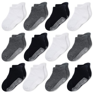 Cozyway Non-Slip Ankle Style Socks with Grippers, 12 Pack for Baby Boys and Girls, Black White Dark Grey, 6-12 Months, Unisex - 1 of 4