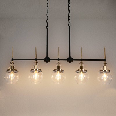 Black and Brass 5-Light Linear Chandelier with Glass Shades