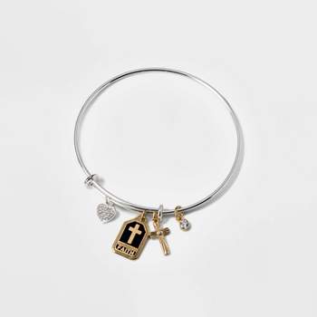 Silver Plated 'Faith' Cubic Zirconia Heart and Cross Charm Bangle Bracelet - Gold