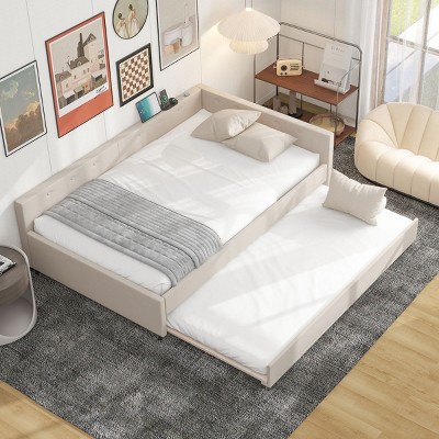 Upholstered Bed Frame with Trundle, Linen Fabric Wood Platform Bed with USB Charging Port - Baofuwish
