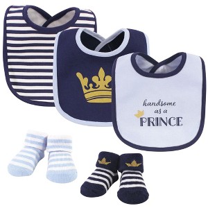 Hudson Baby Infant Boy Cotton Bib and Sock Set 5pk, Handsome As A Prince, One Size - 1 of 4