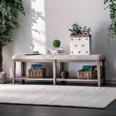 Wixam Tufted Bench Beige/Brown - HOMES: Inside + Out: Linen Upholstered, Wood Frame, Foam Fill, 59" Width