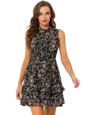 Allegra K Women's Regular Fit Floral A-line Smocked Waist Tiered Ruffled Chiffon Mini Dress
