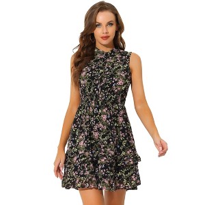 Allegra K Women's Regular Fit Floral A-line Smocked Waist Tiered Ruffled Chiffon Mini Dress - 1 of 4