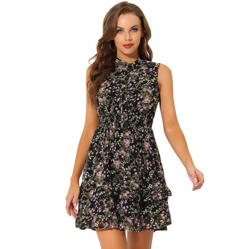 Allegra K Women\'s Regular Fit Floral A-line Smocked Waist Tiered Ruffled  Chiffon Mini Dress Black X-small : Target