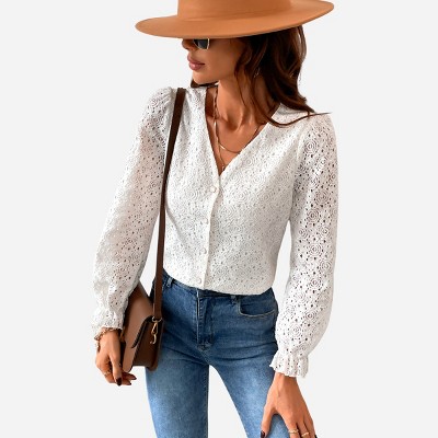 Women's Embroidered Button Front Peasant Sleeve Blouse - Cupshe -White