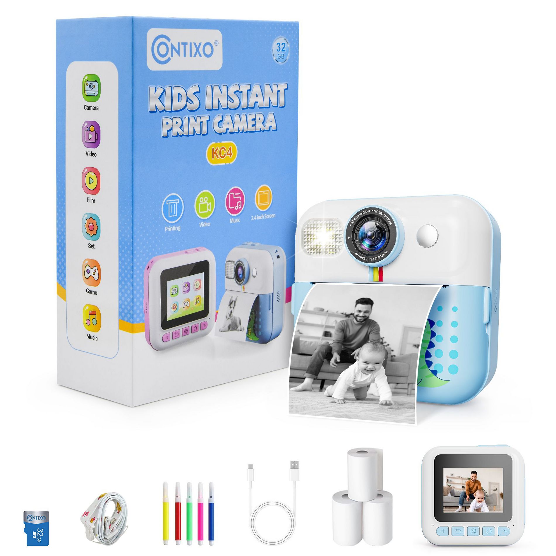 Contixo Kids Instant Print Camera, 2.4” Screen, 1080P Video, 32GB Card, MP3 & Games, Portable Toy Cameras for Kids Ages 3+, Blue Dinosaur