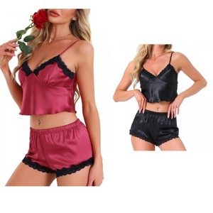 INSPIRE CHIC Women's 4 Pcs Loungewear Satin Lace Sleeveless Spaghetti-Strap Removable Pad Cami & Shorts Pajama Set - 1 of 4